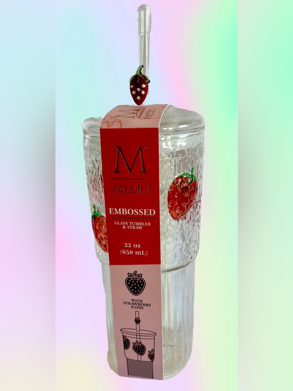 Medici Embossed Strawberry Glass Tumbler Cup with Straw